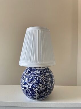 vintage Blue & White Ceramic Table Lamp with Pleated Shade